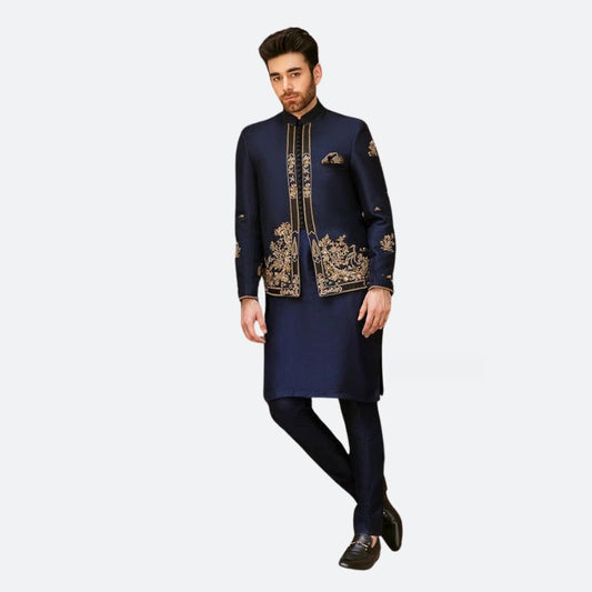 Navy Blue Raw Silk Bandhgala with Embroidery