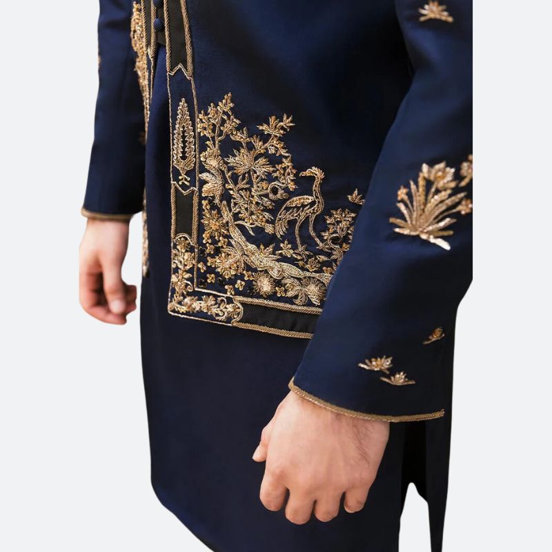 Navy Blue Raw Silk Bandhgala with Embroidery
