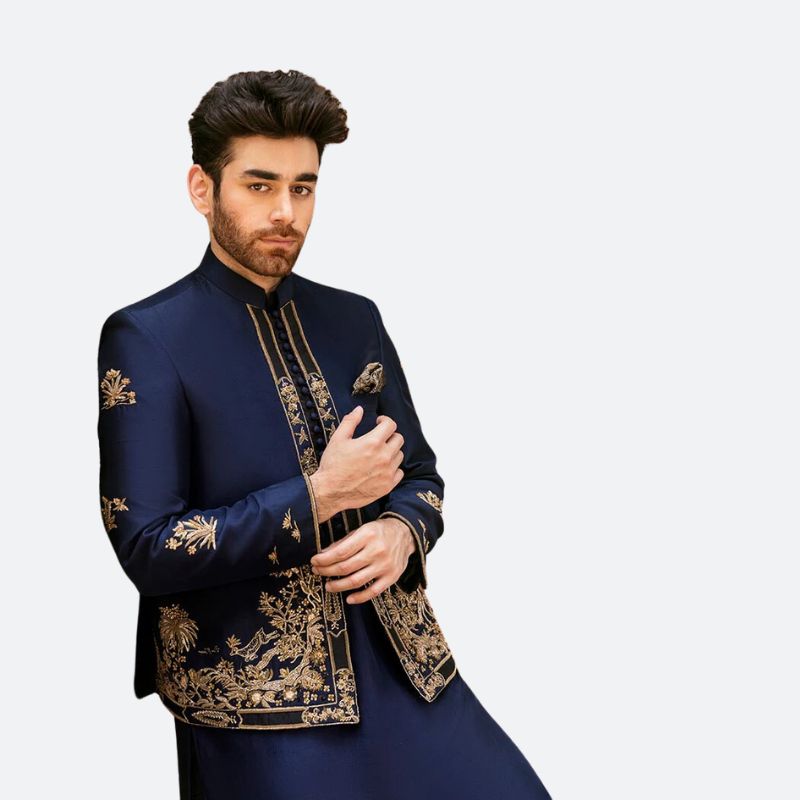Navy Blue Raw Silk Bandhgala with Embroidery