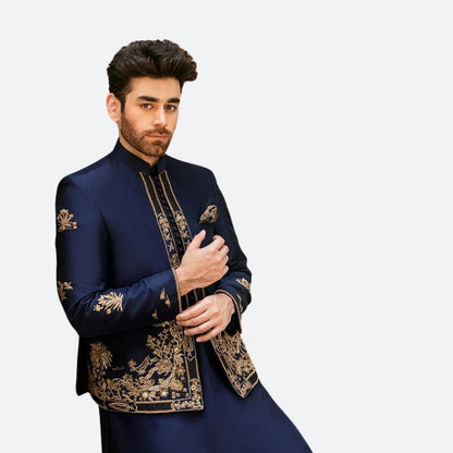 Navy Blue Raw Silk Bandhgala with Embroidery