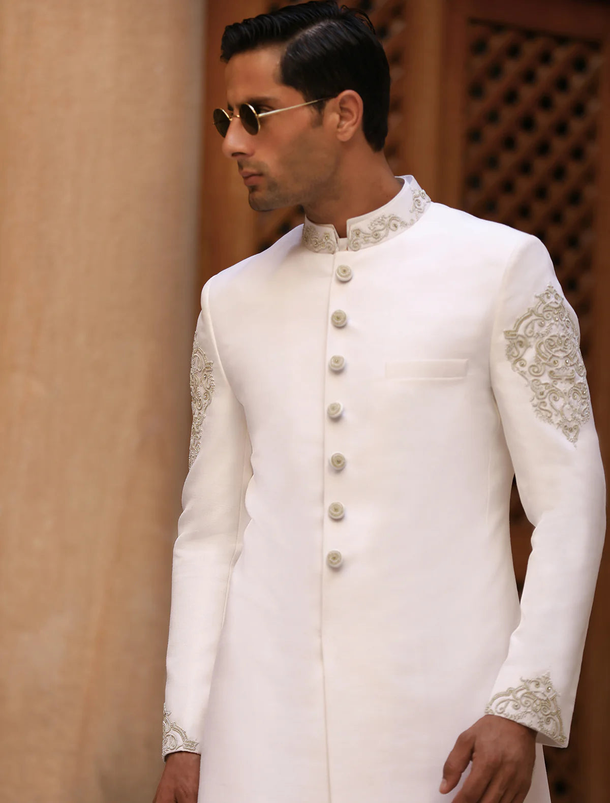 Off White Sherwani with Collar and Sleeve Embroidered