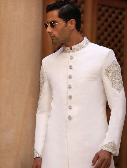Off White Sherwani with Collar and Sleeve Embroidered