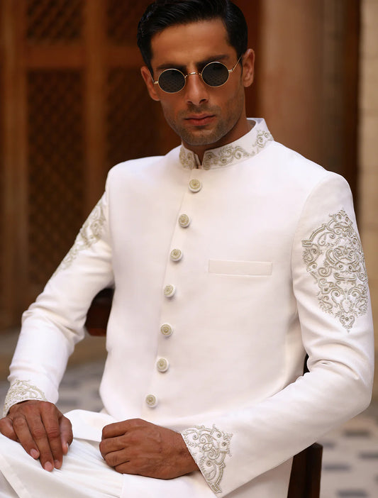 Off White Sherwani with Collar and Sleeve Embroidered