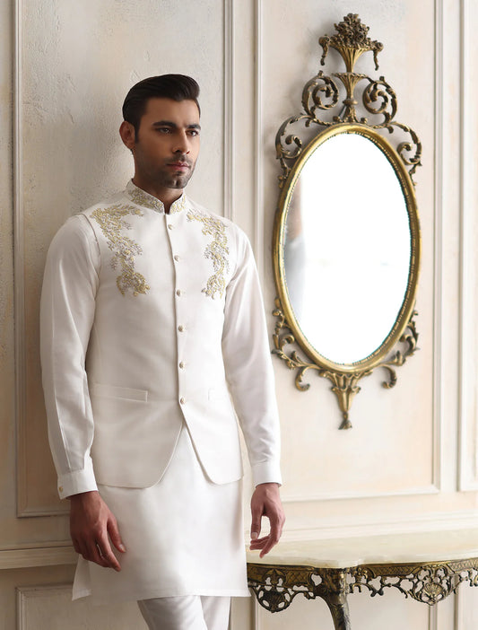 Off White Hand Embroidered Bundi