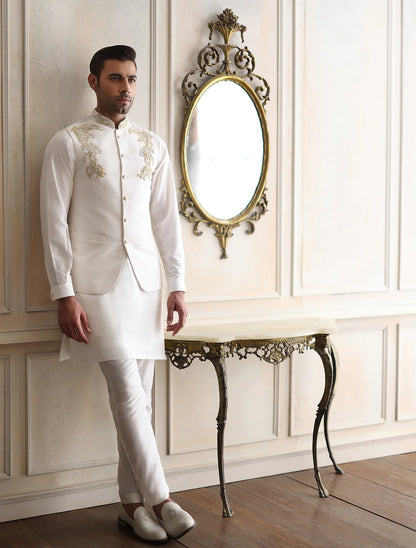 Off White Hand Embroidered Bundi
