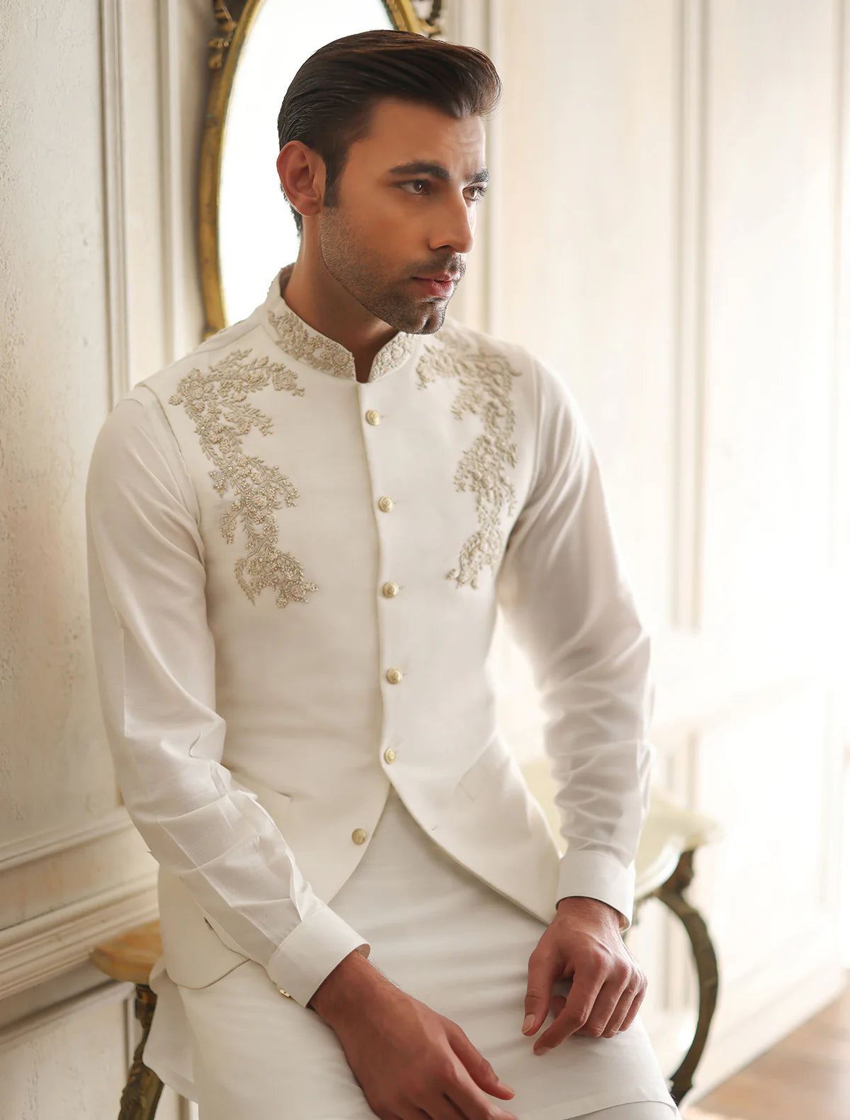 Off White Hand Embroidered Bundi
