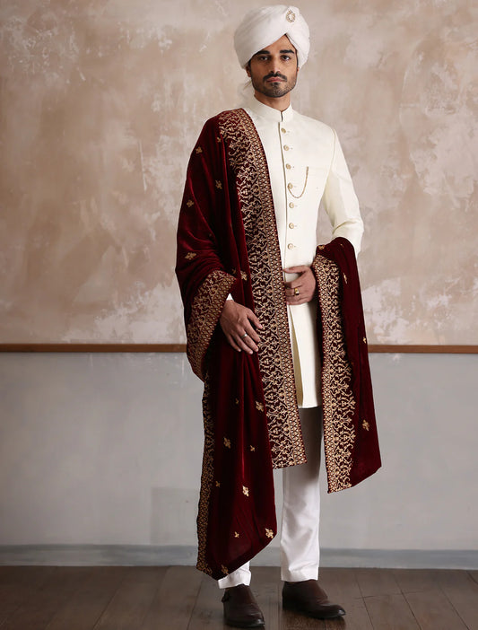 Off White Raw Silk Short Length Sherwani with Gold Buttons