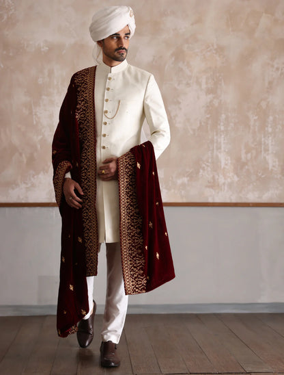 Off White Raw Silk Short Length Sherwani with Gold Buttons