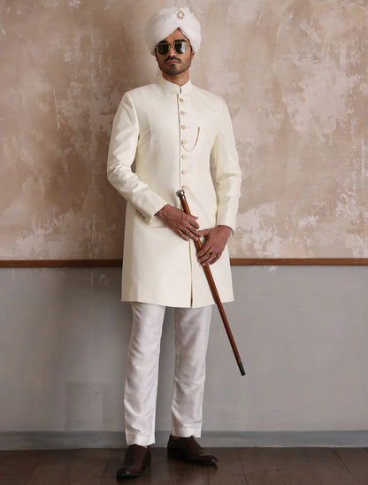 Off White Raw Silk Short Length Sherwani with Gold Buttons