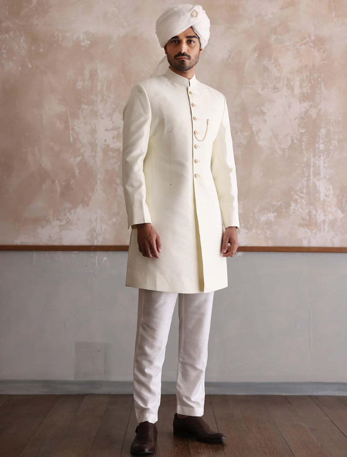 Off White Raw Silk Short Length Sherwani with Gold Buttons