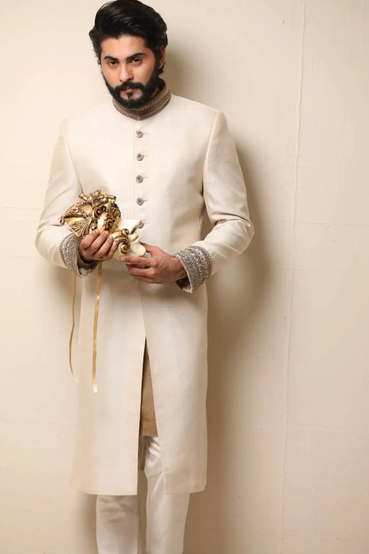 Beige Raw Silk Sherwani with Collar and Sleeve Embroidered
