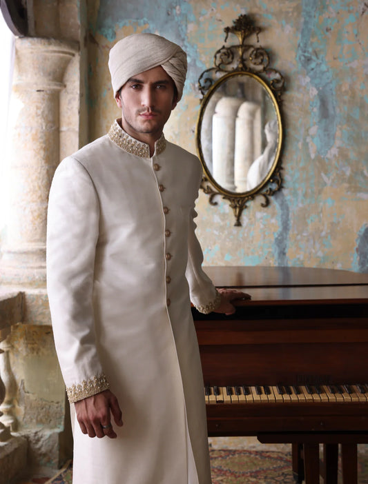 Off White Raw Silk Sherwani with Collar and Sleeve Embroidered