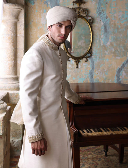 Off White Raw Silk Sherwani with Collar and Sleeve Embroidered