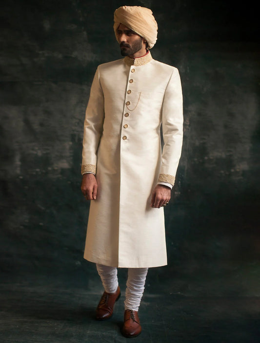 Off White Raw Silk Sherwani with Collar and Sleeve Embroidered