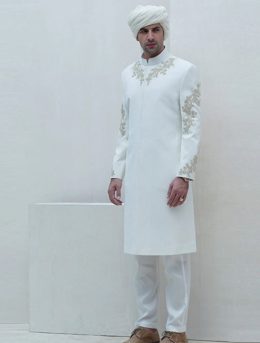 Off White Sherwani with Embroidery on Front and Sleeves
