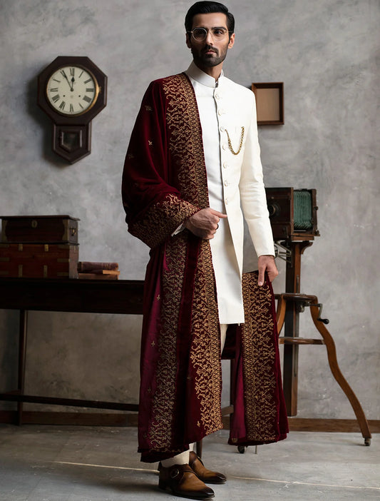 Classic Off White Short Length Raw Silk Sherwani