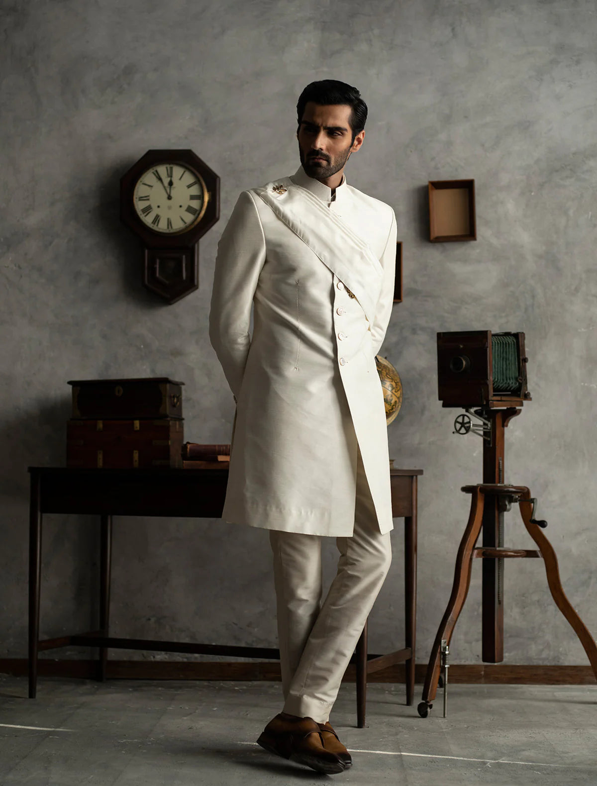 Classic Off White Short Length Raw Silk Sherwani