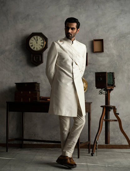 Classic Off White Short Length Raw Silk Sherwani