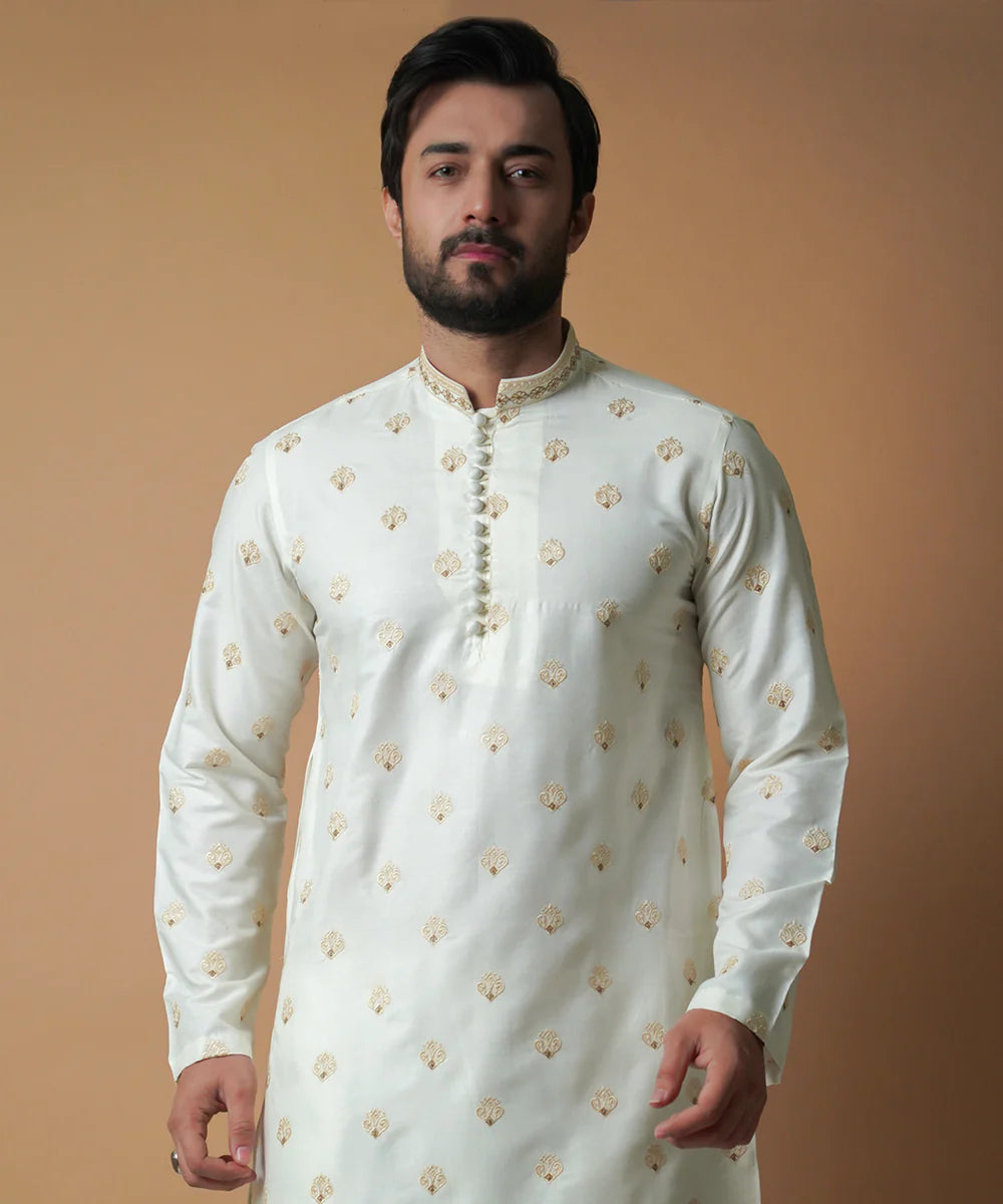 Off White All Over Embroidered Kurta
