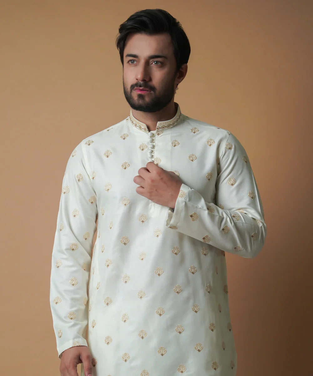 Off White All Over Embroidered Kurta