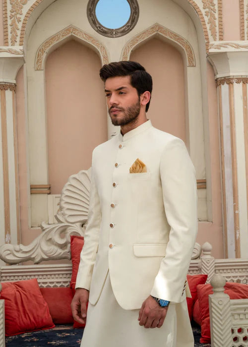 Off White Bandhgala with Gold Buttons