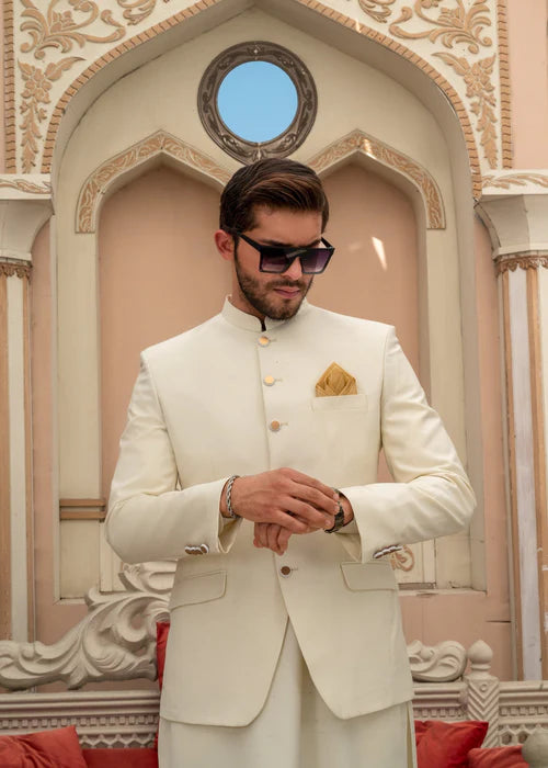 Off White Bandhgala with Gold Buttons