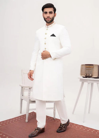 Off White Collar Embroidered Sherwani