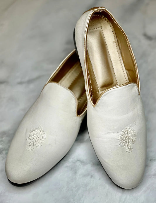 Off White Loafers with Hand Embroidery | Elegant Ethnic Footwear for Men