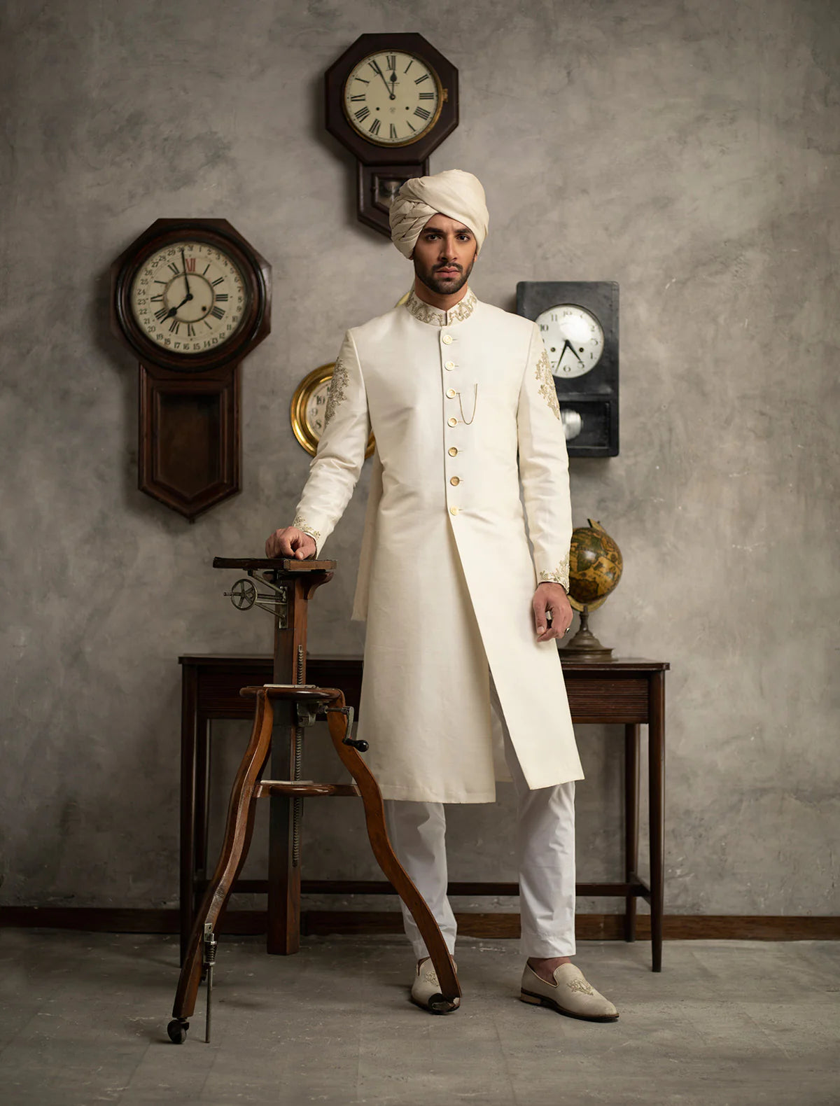 Off White Raw Silk Sherwani with Hand Embroidery