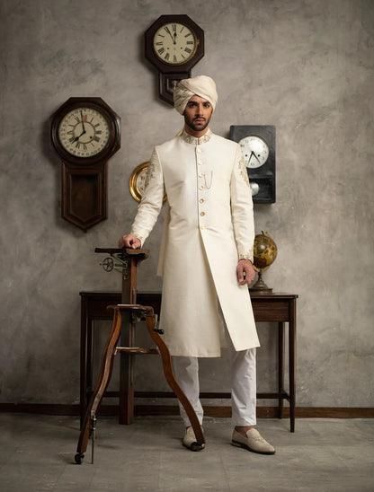 Off White Raw Silk Sherwani with Hand Embroidery