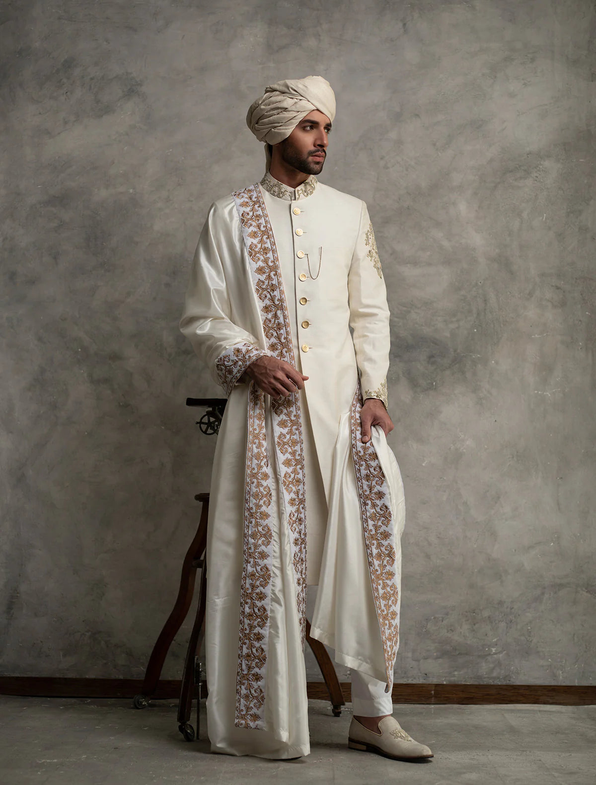 Off White Raw Silk Sherwani with Hand Embroidery