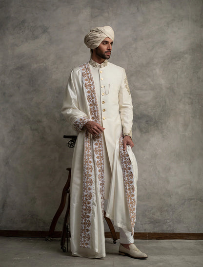Off White Raw Silk Sherwani with Hand Embroidery