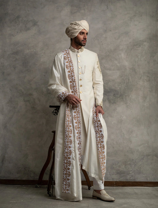 Off White Raw Silk Sherwani with Hand Embroidery