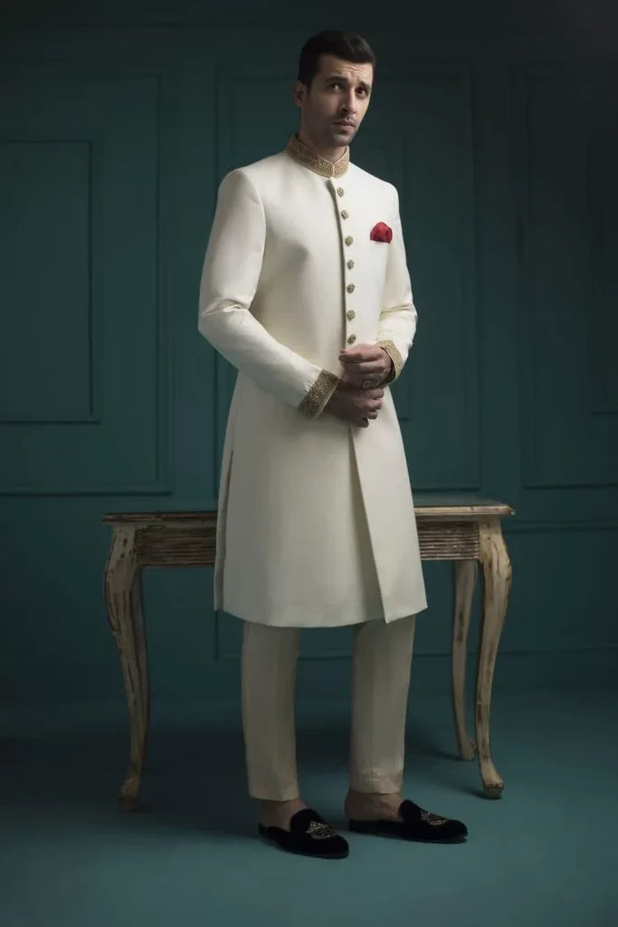 Off White Sherwani with Collar and Sleeve Embroidered