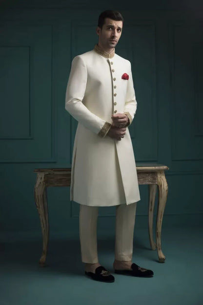 Off White Sherwani with Collar and Sleeve Embroidered
