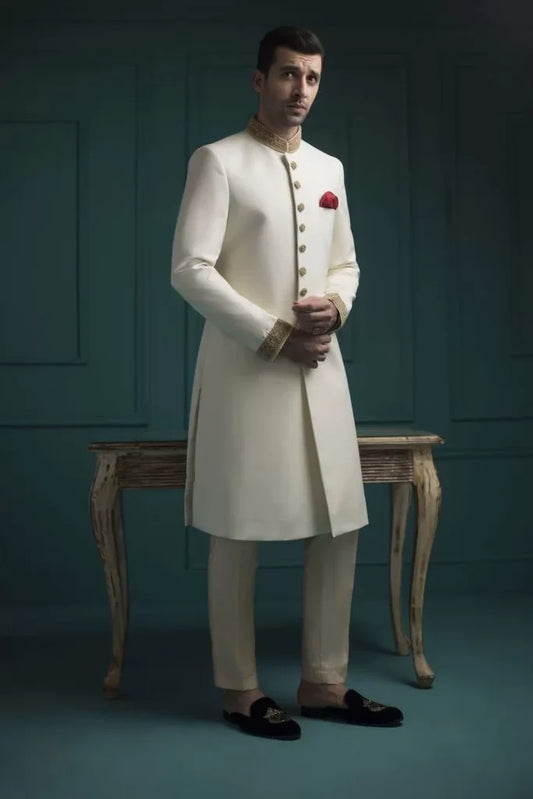 Off White Sherwani with Collar and Sleeve Embroidered