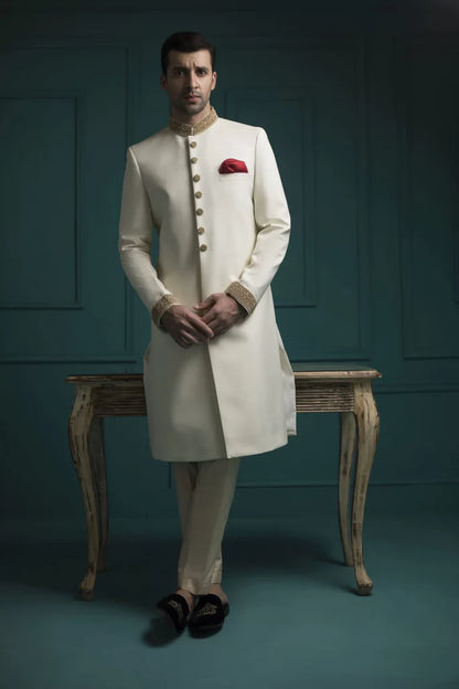Off White Sherwani with Collar and Sleeve Embroidered