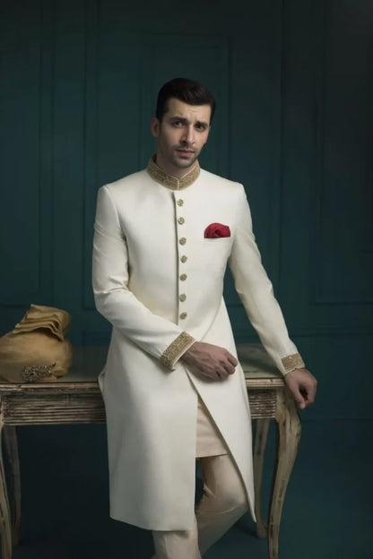 Off White Sherwani with Collar and Sleeve Embroidered