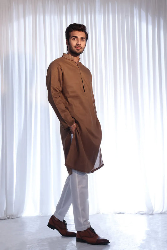 Classic Brown Kurta with Collar Embroidered