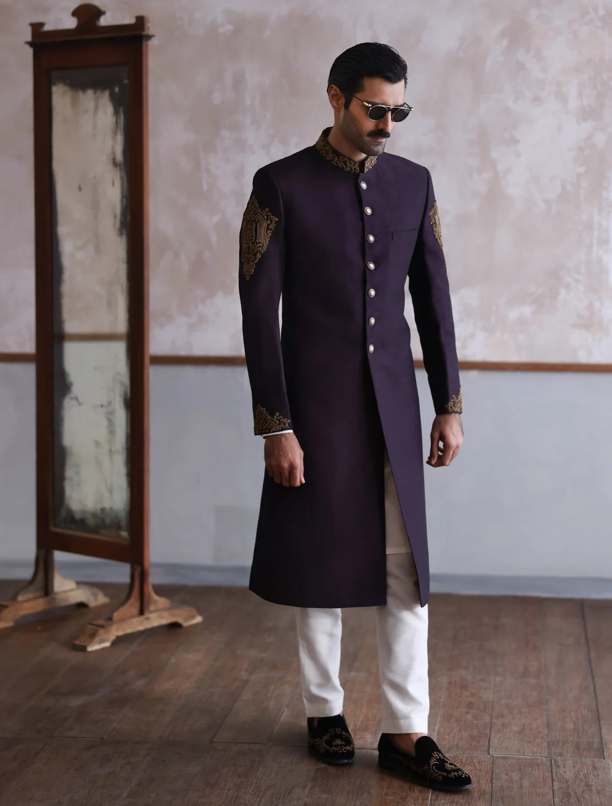 Purple Raw Silk Sherwani with Collar Sleeve and Back Embroidered