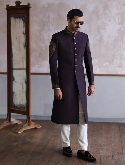 Purple Raw Silk Sherwani with Collar Sleeve and Back Embroidered