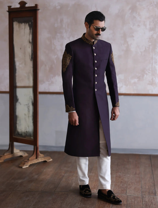 Purple Raw Silk Sherwani with Collar Sleeve and Back Embroidered