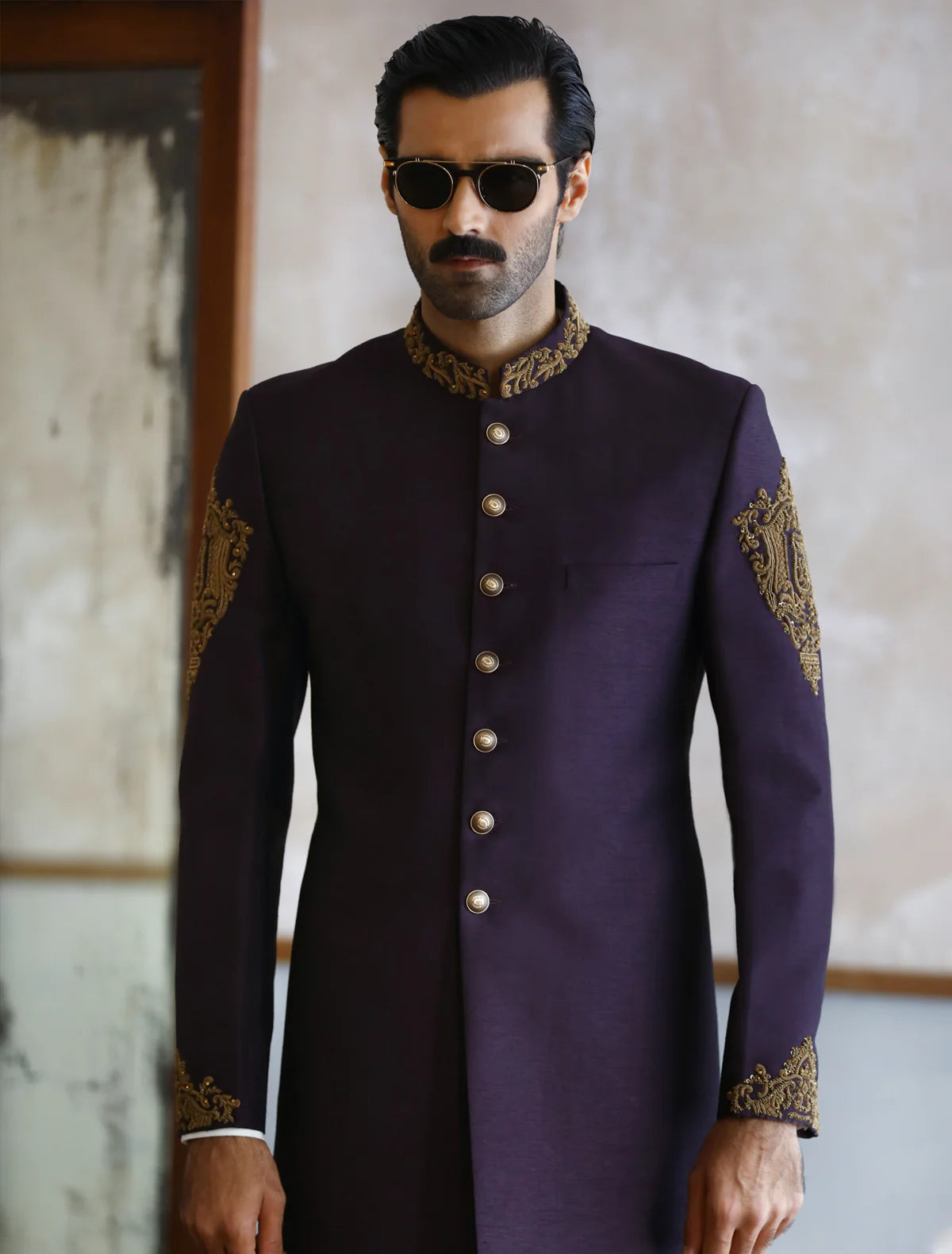 Purple Raw Silk Sherwani with Collar Sleeve and Back Embroidered