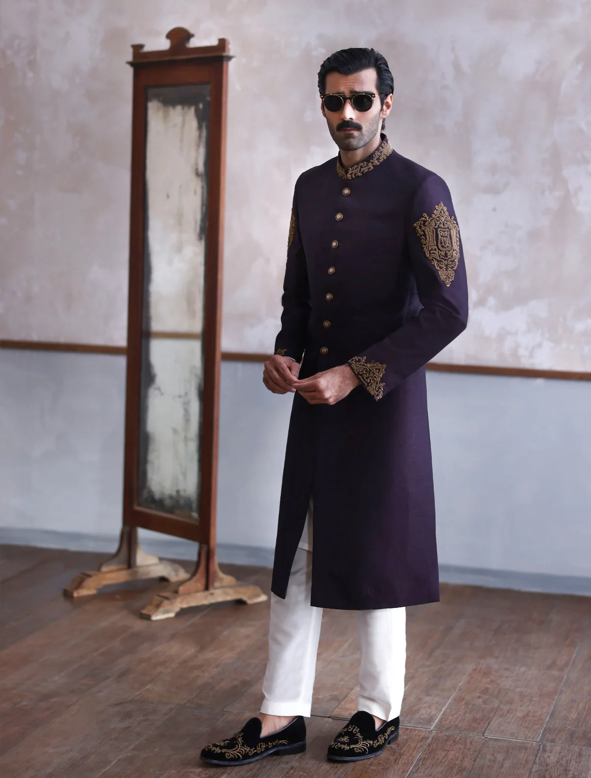 Purple Raw Silk Sherwani with Collar Sleeve and Back Embroidered