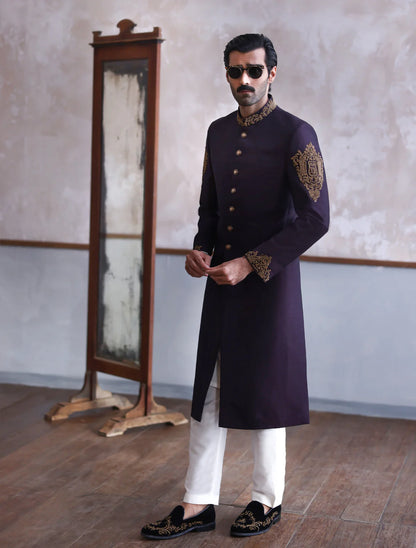 Purple Raw Silk Sherwani with Collar Sleeve and Back Embroidered