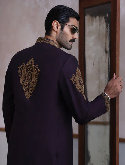 Purple Raw Silk Sherwani with Collar Sleeve and Back Embroidered