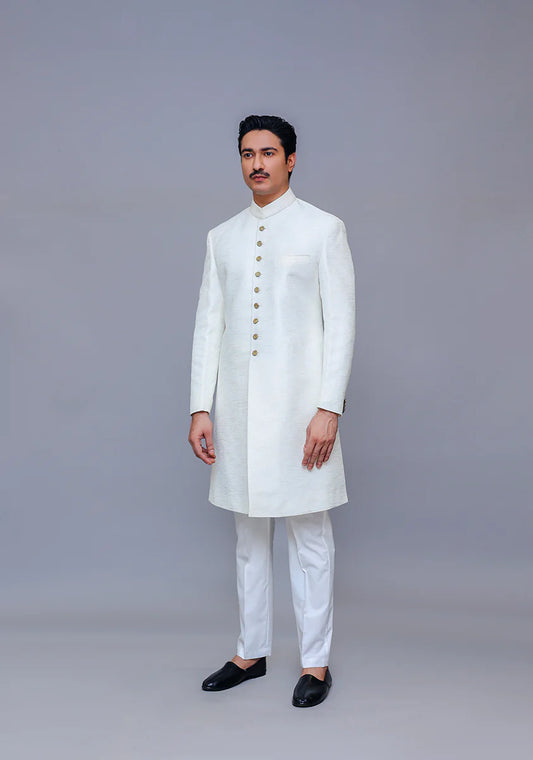 Classic White Raw Silk Sherwani