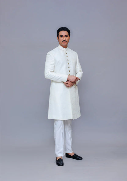 Classic White Raw Silk Sherwani