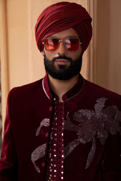 Luxury Red Velvet Open Bandhgala for Men | Handcrafted Cut Dana Embroidery | Wedding & Reception Designer Jacket