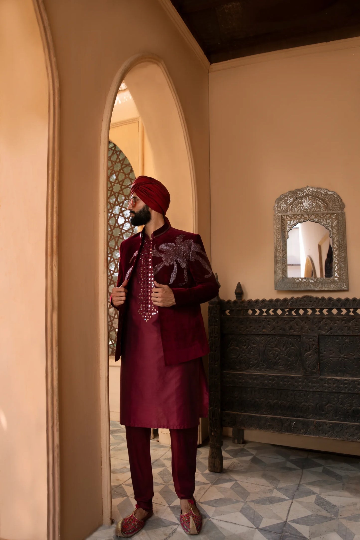 Luxury Red Velvet Open Bandhgala for Men | Handcrafted Cut Dana Embroidery | Wedding & Reception Designer Jacket